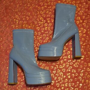 Patent Blue Platform Heeled Boots